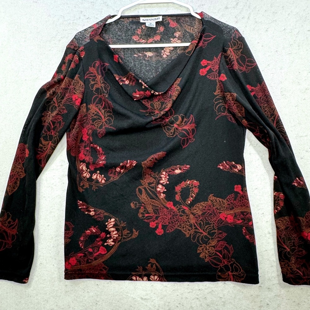 Sussan Floral Long‎ Sleeve Top Womens XL Cowl Neck Sheer Whimsigoth Australia